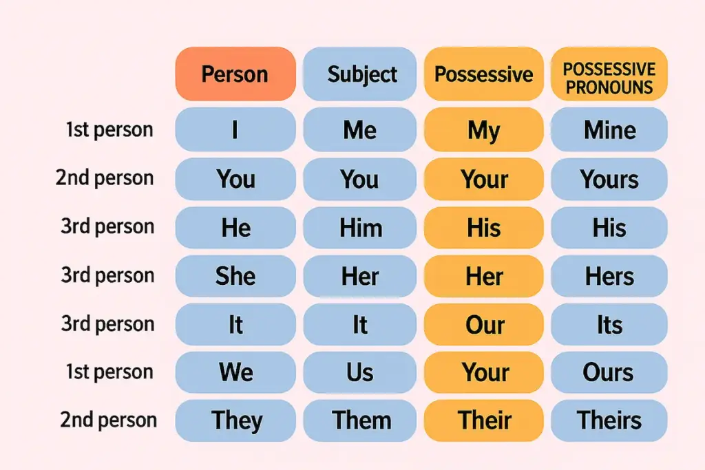 Diagramme des pronoms possessifs et adjectifs